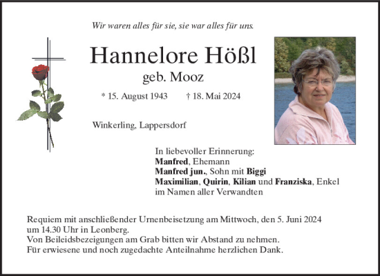 Traueranzeige von Hannelore Hößl von Mittelbayerische Zeitung Schwandorf