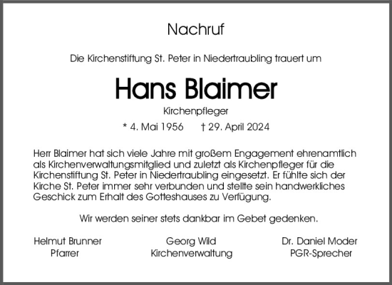 Traueranzeige von Hans Blaimer von Mittelbayerische Zeitung Regensburg