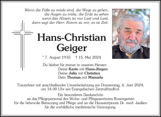Traueranzeige von Hans-Christian Geiger von Mittelbayerische Zeitung Regensburg
