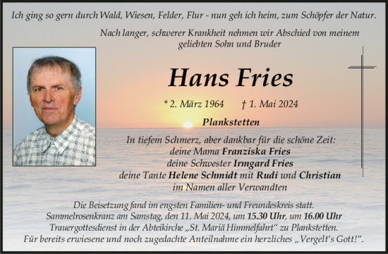 Traueranzeige von Hans Fries von Neumarkter Tagblatt