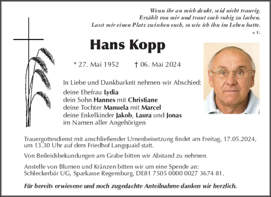 Traueranzeige von Hans Kopp von Mittelbayerische Zeitung Kelheim