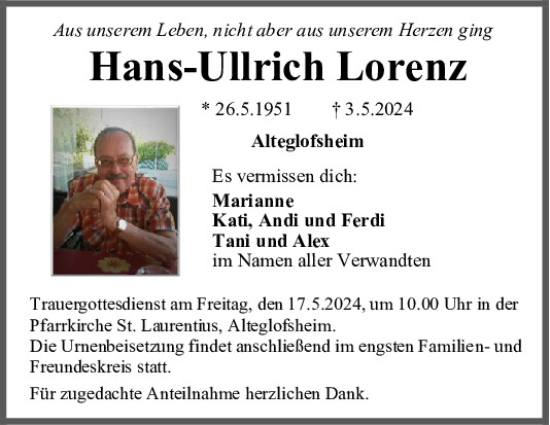 Traueranzeige von Hans-Ullrich Lorenz von Mittelbayerische Zeitung Regensburg