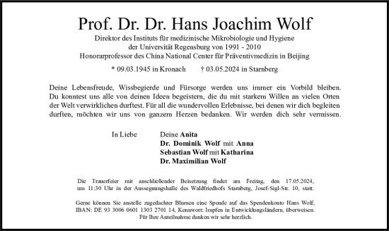 Traueranzeige von Hans Joachim Wolf von Mittelbayerische Zeitung Regensburg