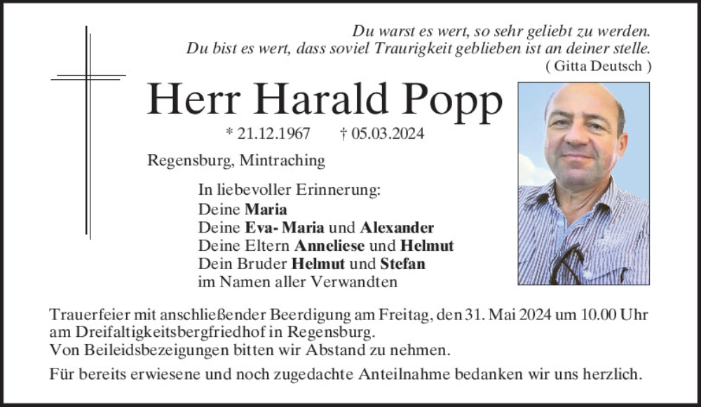  Traueranzeige für Harald Popp vom 25.05.2024 aus Mittelbayerische Zeitung Regensburg