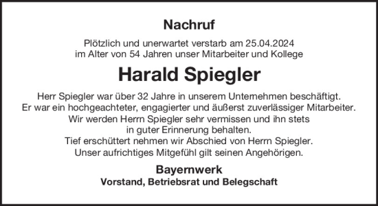 Traueranzeige von Harald Spiegler von Mittelbayerische Zeitung Schwandorf