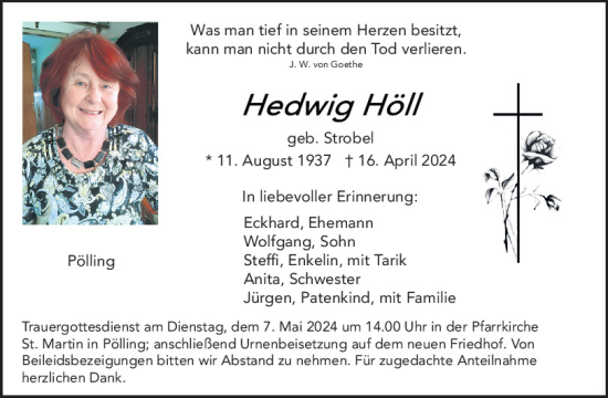 Traueranzeige von Hedwig Höll von Neumarkter Tagblatt