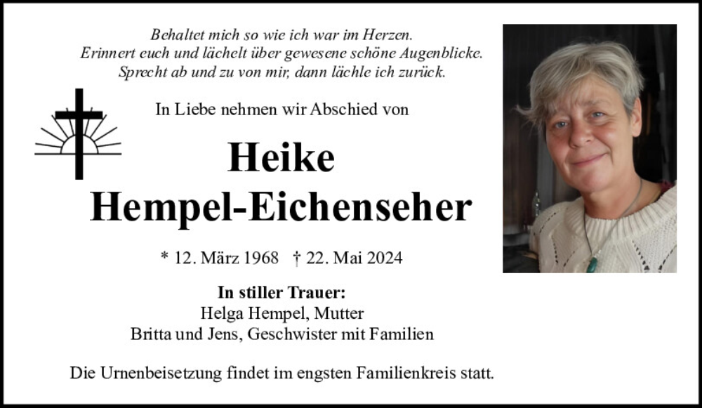 Traueranzeige für Heike Hempel-Eichenseher vom 25.05.2024 aus Neumarkter Tagblatt