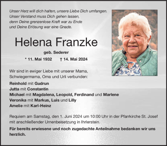 Traueranzeige von Helena Franzke von Mittelbayerische Zeitung Kelheim
