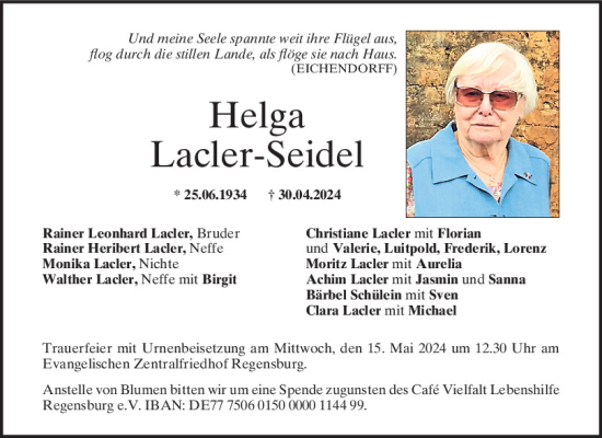 Traueranzeige von Helga Lacler-Seidel von Mittelbayerische Zeitung Regensburg
