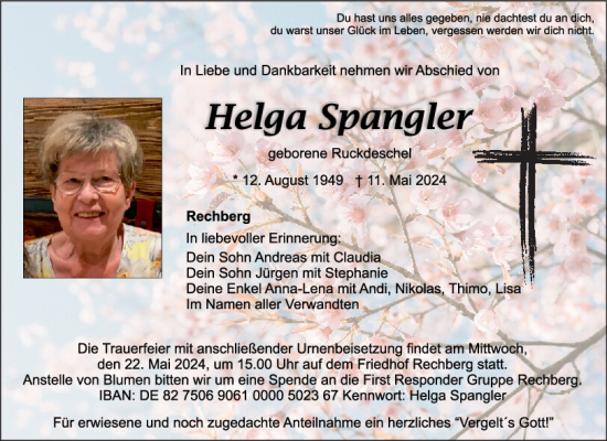 Traueranzeige von Helga Spangler von Mittelbayerische Zeitung Regensburg