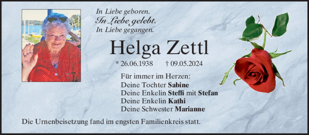  Traueranzeige für Helga Zettl vom 01.06.2024 aus Mittelbayerische Zeitung Regensburg