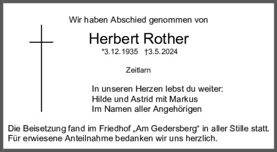 Traueranzeige von Herbert Rother von Mittelbayerische Zeitung Regensburg