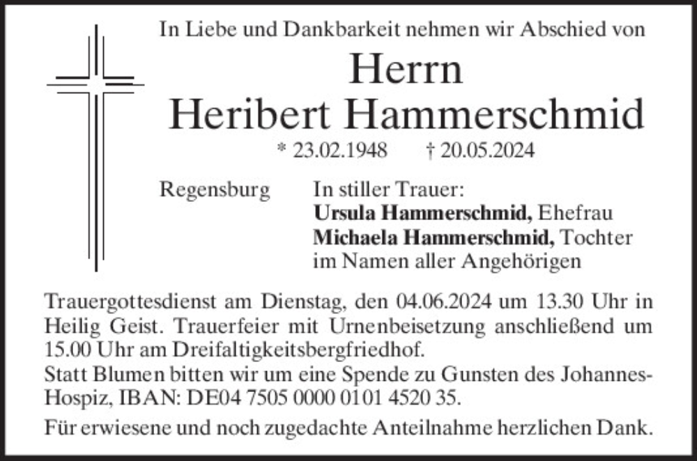  Traueranzeige für Heribert Hammerschmid vom 01.06.2024 aus Mittelbayerische Zeitung Regensburg