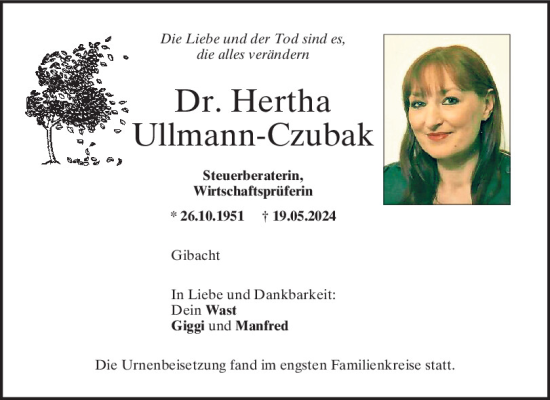 Traueranzeige von Hertha Ullmann-Czubak von Bayerwald Echo
