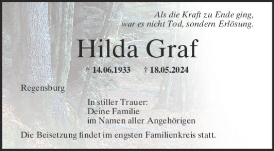 Traueranzeige von Hilda Graf von Mittelbayerische Zeitung Regensburg