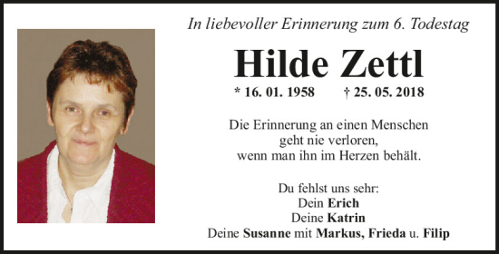 Traueranzeige von Hilde Zettl von Mittelbayerische Zeitung Regensburg