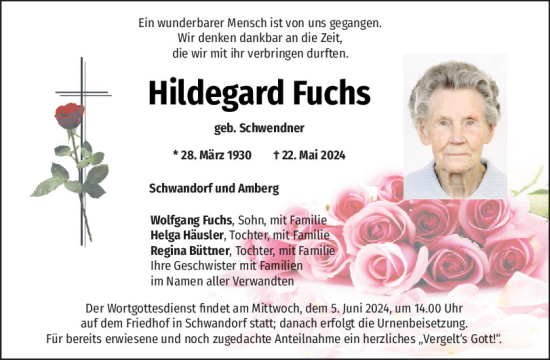 Traueranzeige von Hildegard Fuchs von Mittelbayerische Zeitung Schwandorf