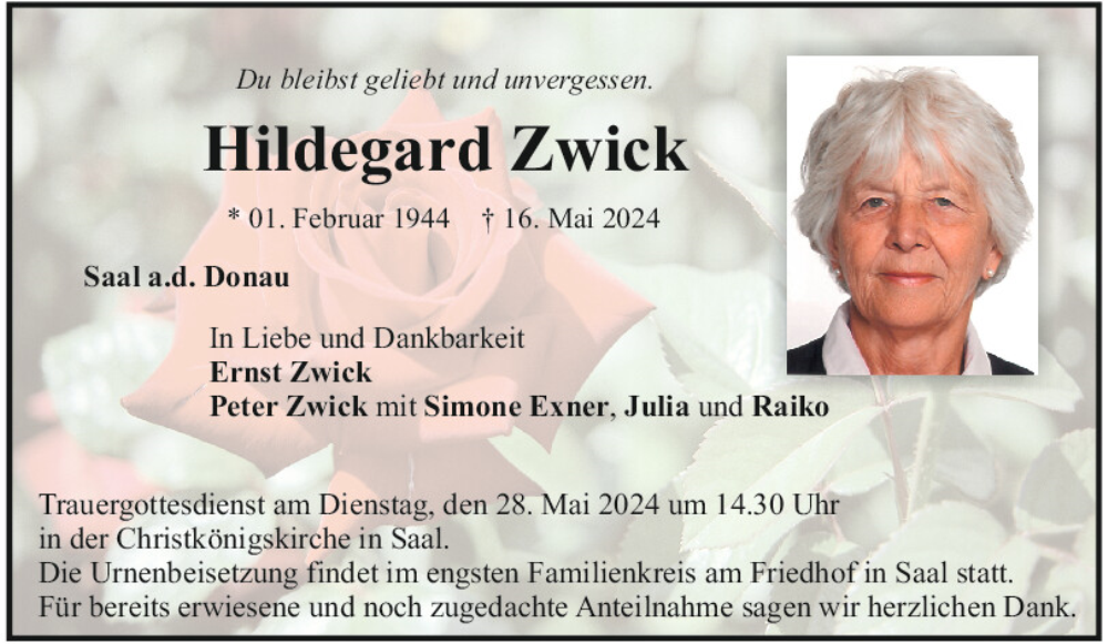  Traueranzeige für Hildegard Zwick vom 25.05.2024 aus Mittelbayerische Zeitung Kelheim
