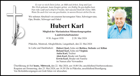 Traueranzeige von Hubert Karl von Mittelbayerische Zeitung Regensburg