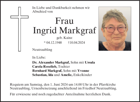 Traueranzeige von Ingrid Markgraf von Mittelbayerische Zeitung Regensburg