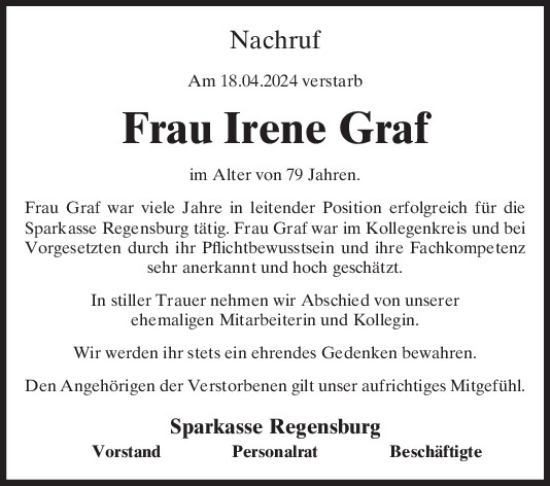 Traueranzeige von Irene Graf von Mittelbayerische Zeitung Regensburg