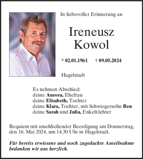 Traueranzeige von Ireneusz Kowol von Mittelbayerische Zeitung Regensburg