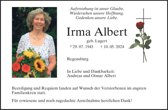 Traueranzeige von Irma Albert von Mittelbayerische Zeitung Regensburg