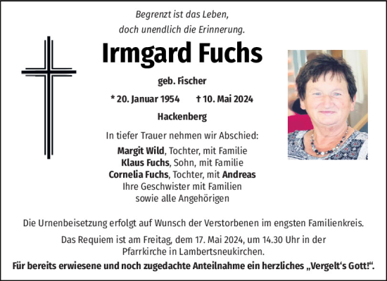 Traueranzeige von Irmgard Fuchs von Mittelbayerische Zeitung Regensburg