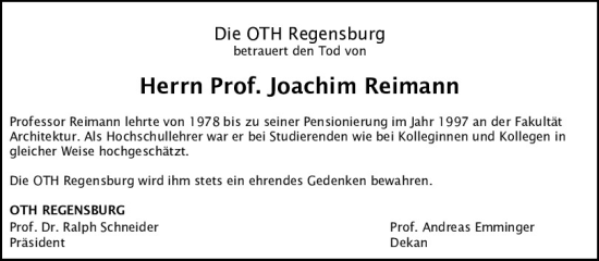 Traueranzeige von Joachim Reimann von Mittelbayerische Zeitung Regensburg