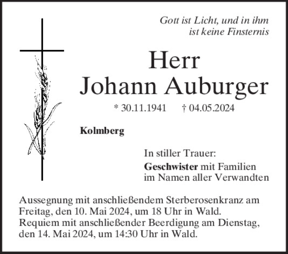  Traueranzeige für Johann Auburger vom 08.05.2024 aus Bayerwald Echo