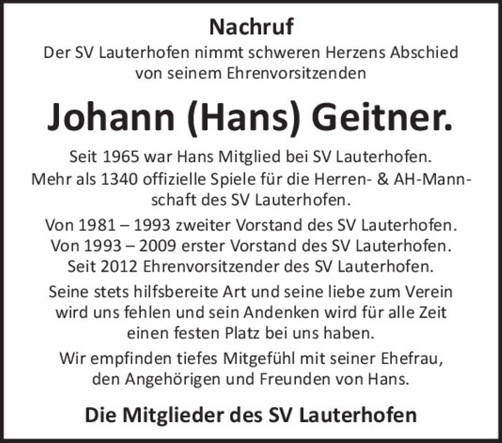  Traueranzeige für Johann Geitner vom 25.05.2024 aus Neumarkter Tagblatt