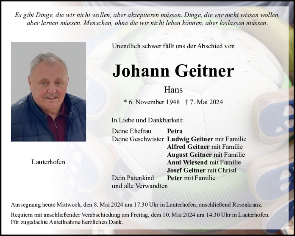  Traueranzeige für Johann Geitner vom 08.05.2024 aus Neumarkter Tagblatt