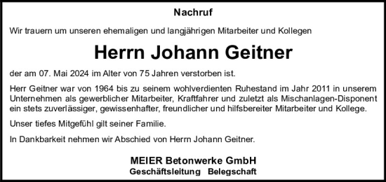 Traueranzeige von Johann Geitner von Neumarkter Tagblatt