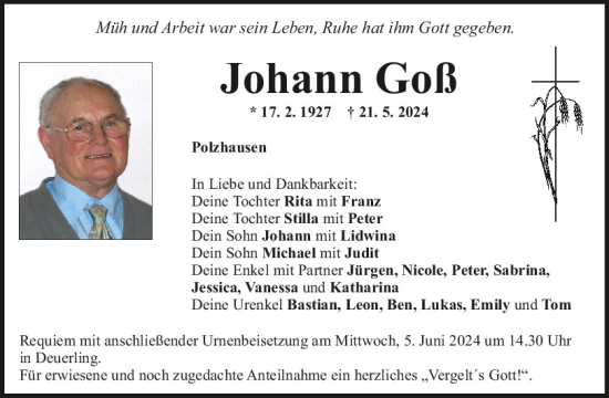 Traueranzeige von Johann Goß von Mittelbayerische Zeitung Regensburg