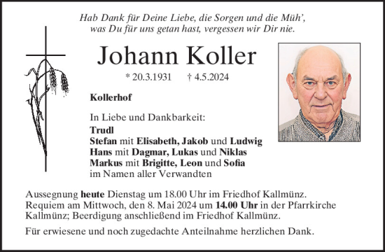 Traueranzeige von Johann Koller von Mittelbayerische Zeitung Regensburg