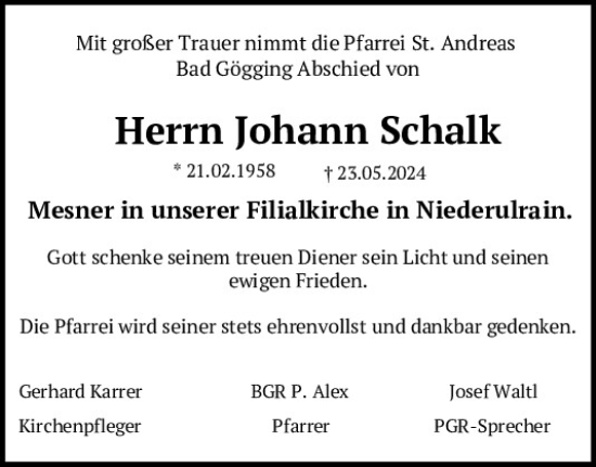 Traueranzeige von Johann Schalk von Mittelbayerische Zeitung Kelheim