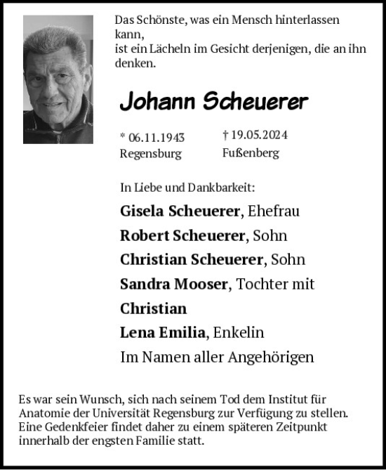 Traueranzeige von Johann Scheuerer von Mittelbayerische Zeitung Regensburg