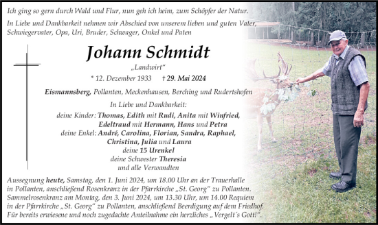 Traueranzeige von Johann Schmidt von Neumarkter Tagblatt