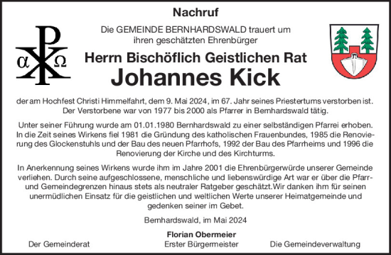 Traueranzeige von Johannes Kick von Mittelbayerische Zeitung Regensburg