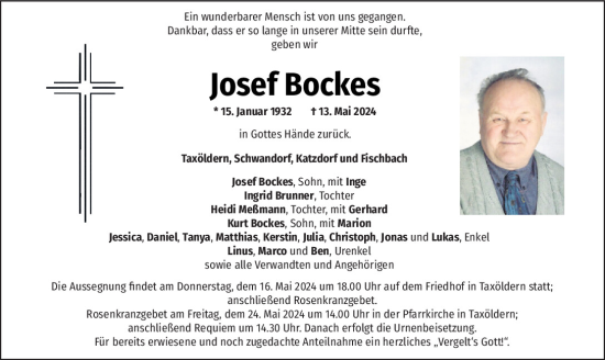 Traueranzeige von Josef Bockes von Mittelbayerische Zeitung Schwandorf