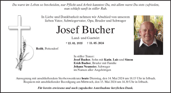 Traueranzeige von Josef Bucher von Mittelbayerische Zeitung Regensburg