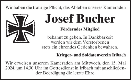 Traueranzeige von Josef Bucher von Mittelbayerische Zeitung Regensburg