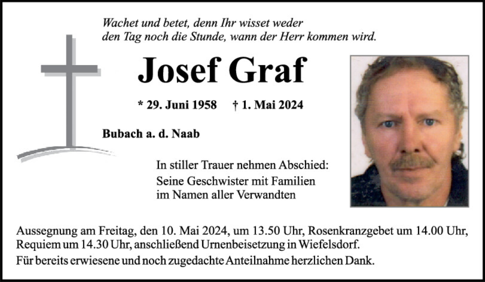  Traueranzeige für Josef Graf vom 07.05.2024 aus Mittelbayerische Zeitung Schwandorf