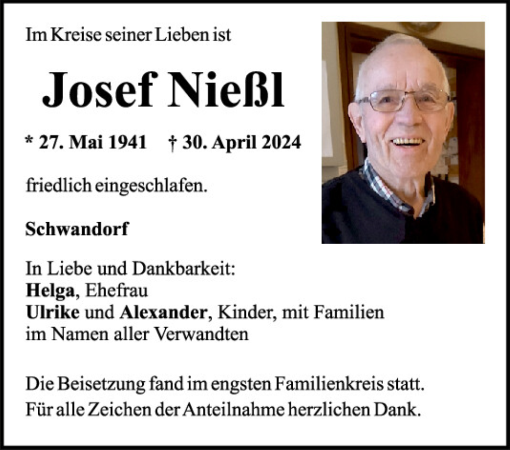  Traueranzeige für Josef Nießl vom 09.05.2024 aus Mittelbayerische Zeitung Schwandorf