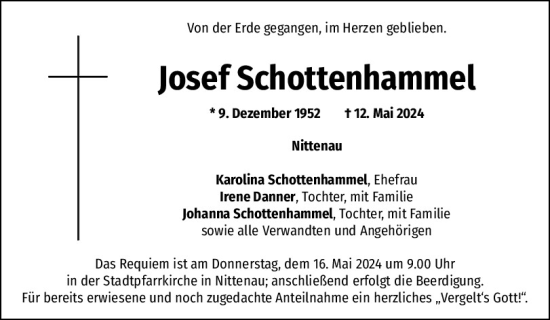 Traueranzeige von Josef Schottenhammel von Mittelbayerische Zeitung Regensburg