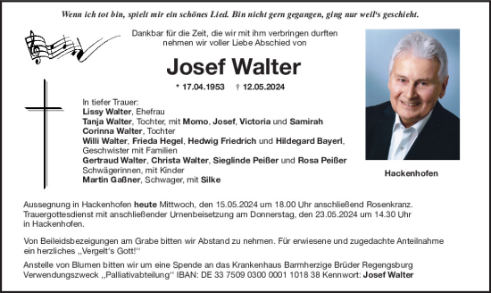 Traueranzeige von Josef Walter von Mittelbayerische Zeitung Regensburg