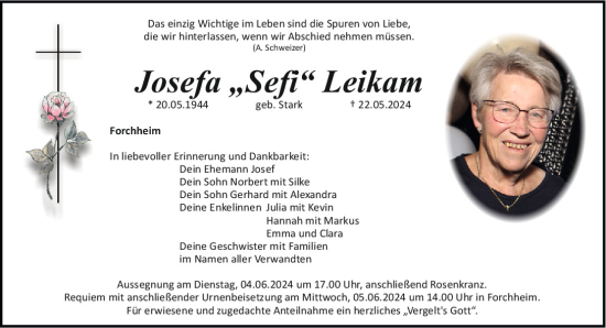 Traueranzeige von Josefa  Leikam von Neumarkter Tagblatt