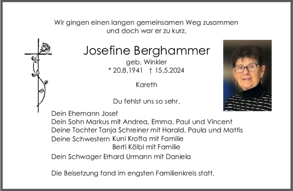  Traueranzeige für Josefine Berghammer vom 01.06.2024 aus Mittelbayerische Zeitung Regensburg