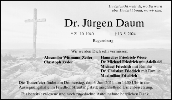 Traueranzeige von Jürgen Daum von Mittelbayerische Zeitung Regensburg