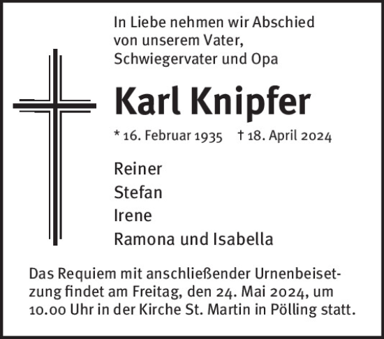 Traueranzeige von Karl Knipfer von Neumarkter Tagblatt